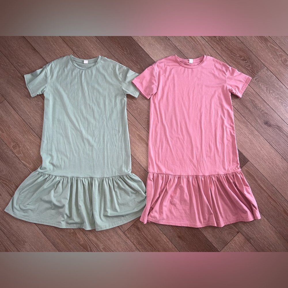 Girl's Pink & Green Solid Color Oversized Fit Spring Dresses Size 10Y Minimalist